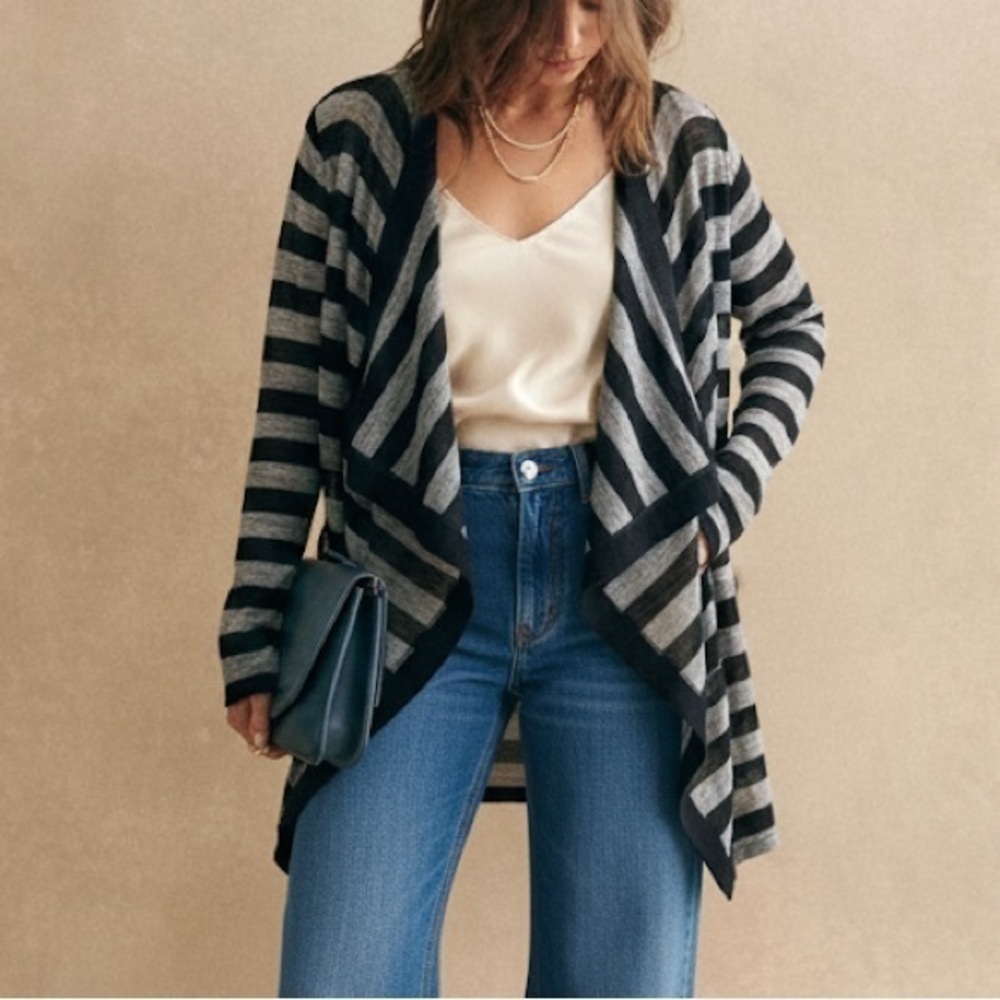 HELMUT LANG Wool Fine Knit Sheer Striped Open Draped Cardigan